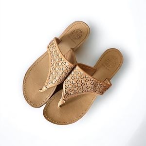 Tory Burch Amara Laser-Cut Patent Thong Sandals Tan Size 8.5
